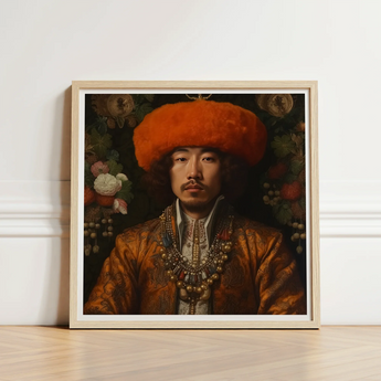 Framed Portrait Man Ornate Attire Orange Fur Hat Prince Khaliun, Mongolian Gaysian Royalty, Baroque Gay Princes