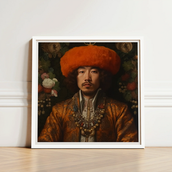 Framed Portrait Man Ornate Golden-brown Embroidered Attire Orange Prince Khaliun, Mongolian Gaysian Royalty, Baroque Gay Princes