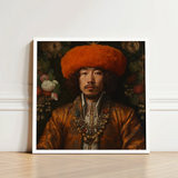Framed Portrait Man Ornate Golden-brown Embroidered Attire Oversized Prince Khaliun, Mongolian Gaysian Royalty, Baroque Gay Princes
