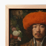 Framed Portrait Man Orange Fur Hat Ornate Attire Prince Khaliun, Mongolian Gaysian Royalty, Baroque Gay Princes