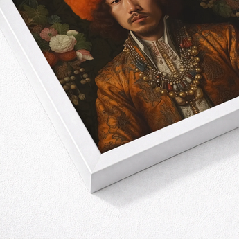 Framed Portrait Man Ornate Golden-brown Embroidered Attire Adorned Prince Khaliun, Mongolian Gaysian Royalty, Baroque Gay Princes