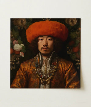 Square Canvas Print Portrait Man Ornate Orange Fur Prince Khaliun, Mongolian Gaysian Royalty, Baroque Gay Princes
