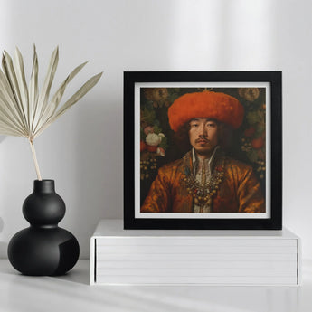 Prince Khaliun - Gay Mongolian Royalty Baroque Art Print, Framed Portrait Man Ornate Orange Hat Elaborate Jewelry