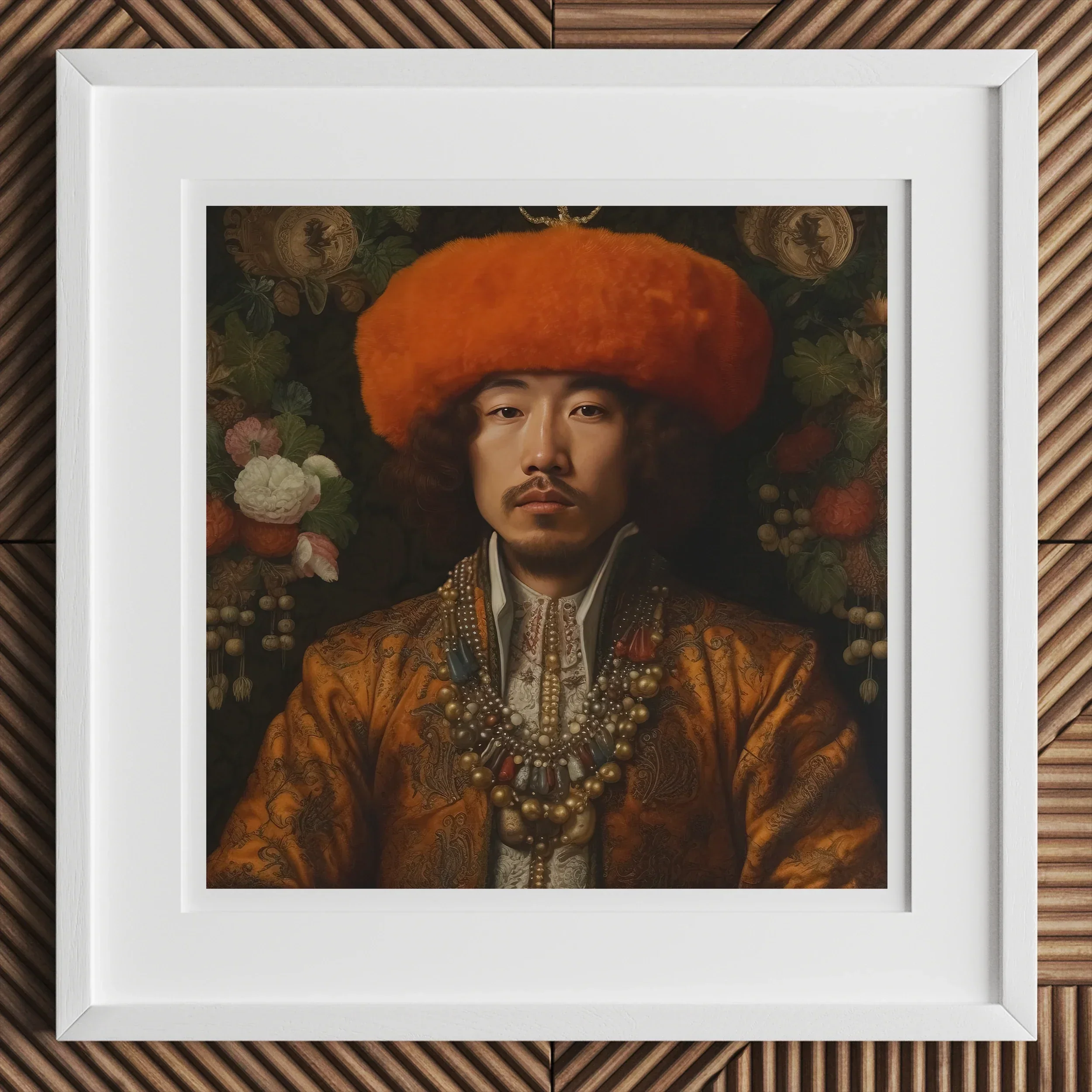Prince Khaliun Gay Mongolian Royalty Baroque Art Print, Framed Portrait Painting Ornate Asian Royal Attire Orange
