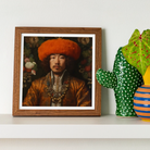 Prince Khaliun - Gay Mongolian Royalty Baroque Art Print, Framed Portrait Person Orange Hat Ornate Traditional Asian