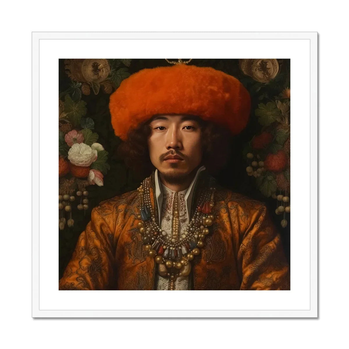 Prince Khaliun - Gay Mongolian Royalty Baroque Art Print, Portrait Nobleman Orange Hat Ornate Golden Silk Robes