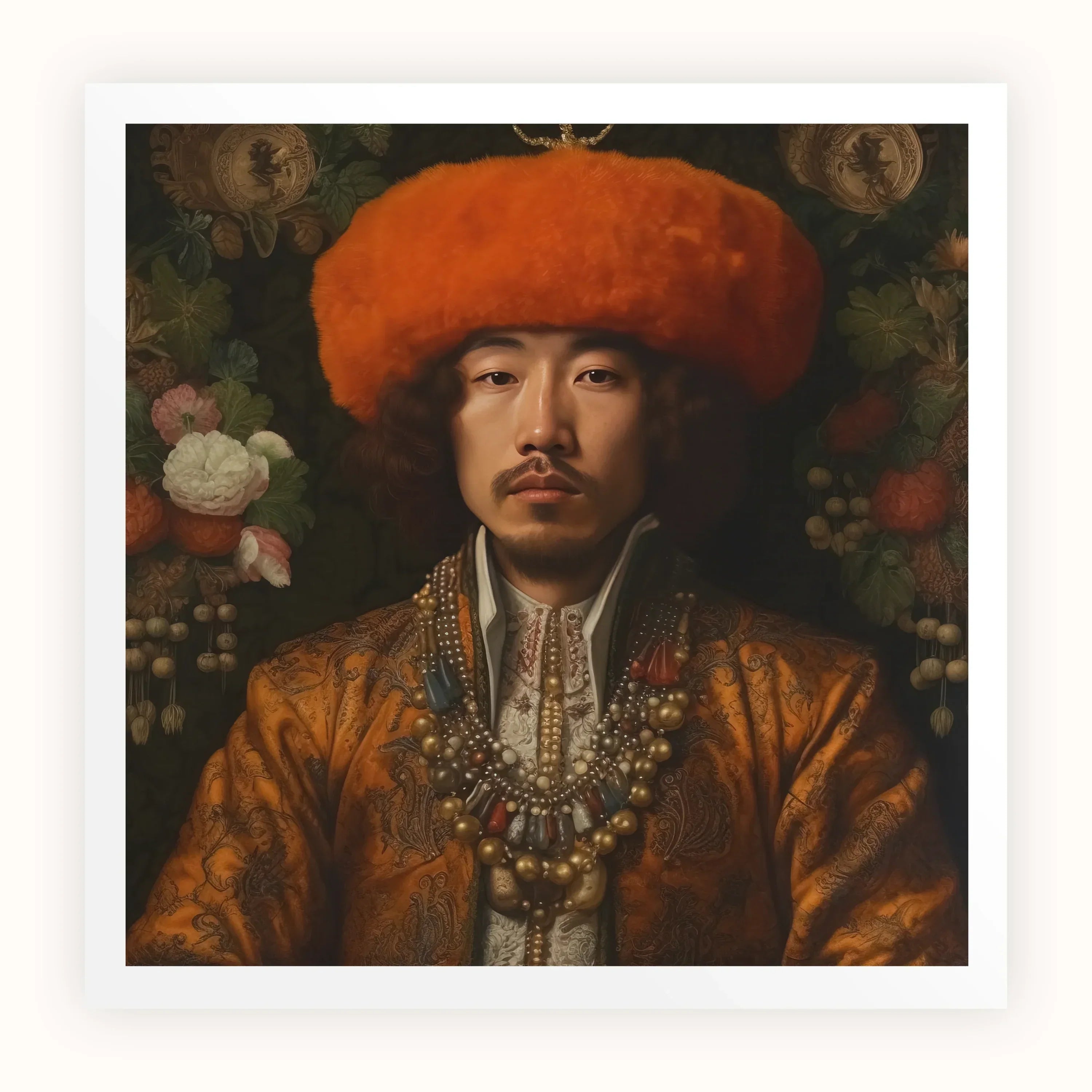 Prince Khaliun - Gay Mongolian Royalty Baroque Art Print, Portrait Painting Person Orange Fur Hat Ornate Gold