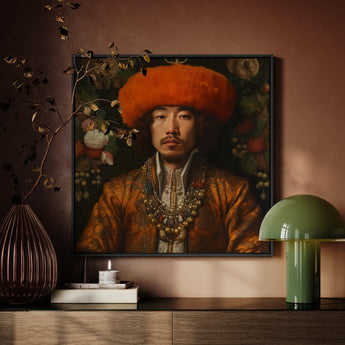 Prince Khaliun - Mongolian Gay Royalty Art Framed Canvas, Portrait Painting Man Ornate Orange Hat Golden Robe