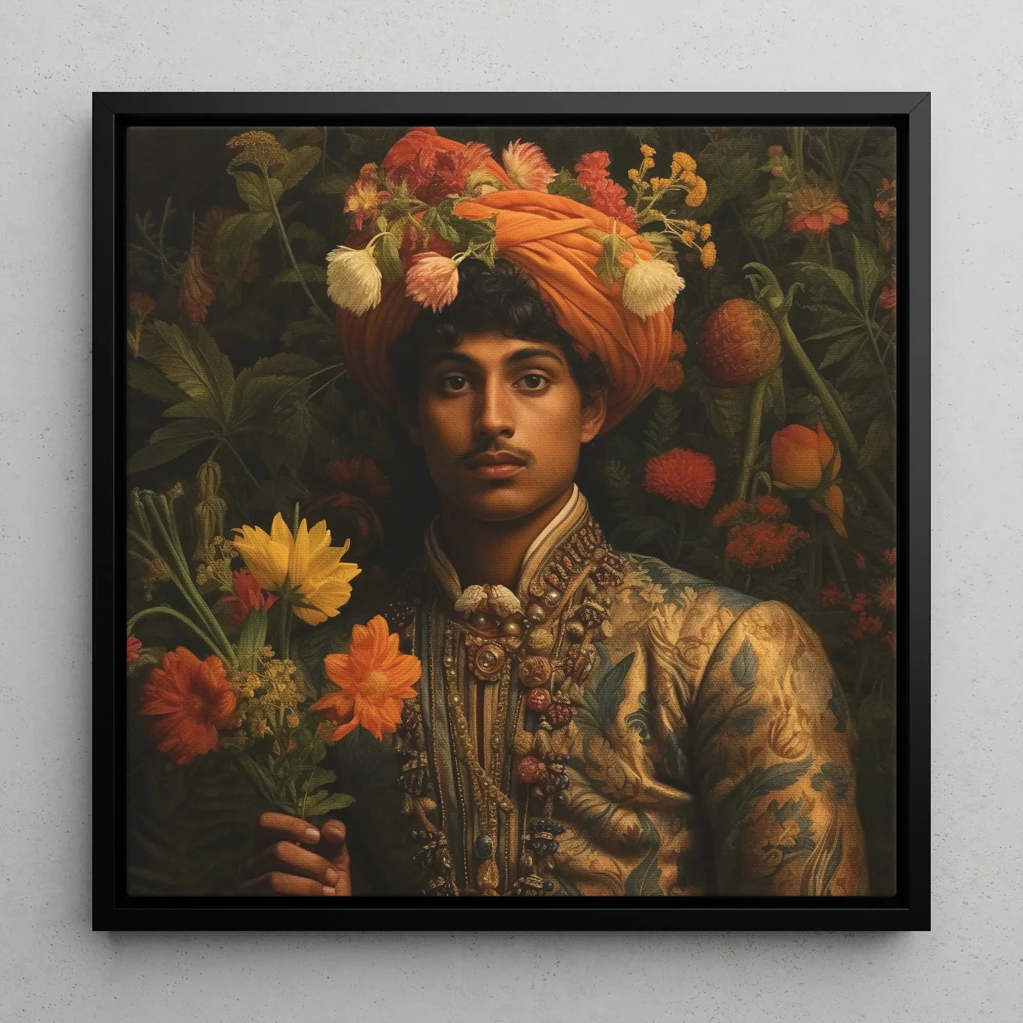 Prince Rajanikanta - Gay India Royalty Queerart Dandy Canvas - 16’x16’ / Black Frame / White Wrap - Posters Prints
