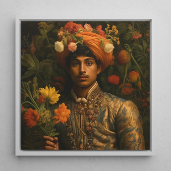 Prince Rajanikanta - Gay Indian Royalty Framed Canvas, 12x12’’ / 31x31cm / White Floating Frame, Framed Portrait Young Man Orange Turban