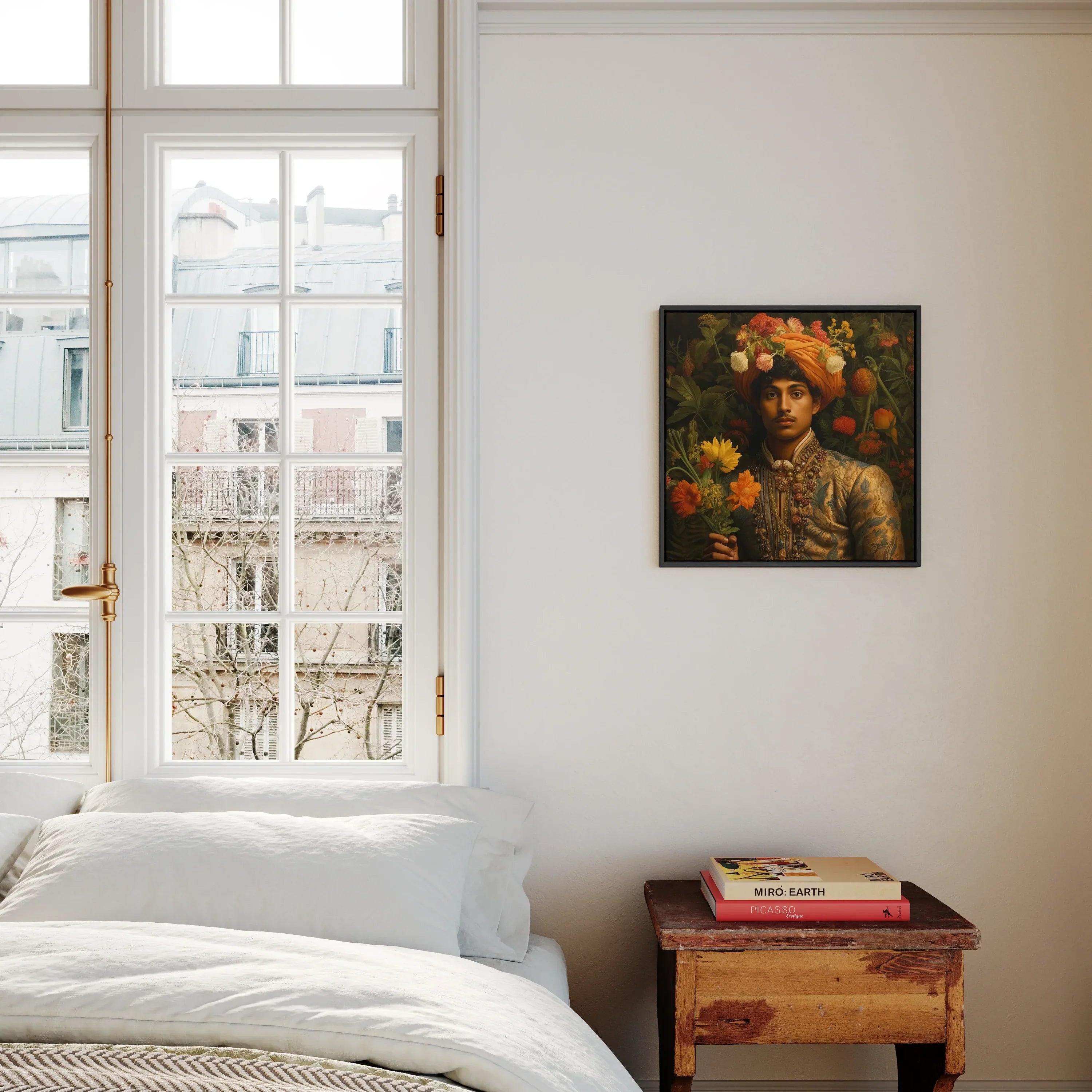 Prince Rajanikanta Gay Indian Royalty Framed Canvas, Bedroom Window White Bedding Colorful Portrait Wall