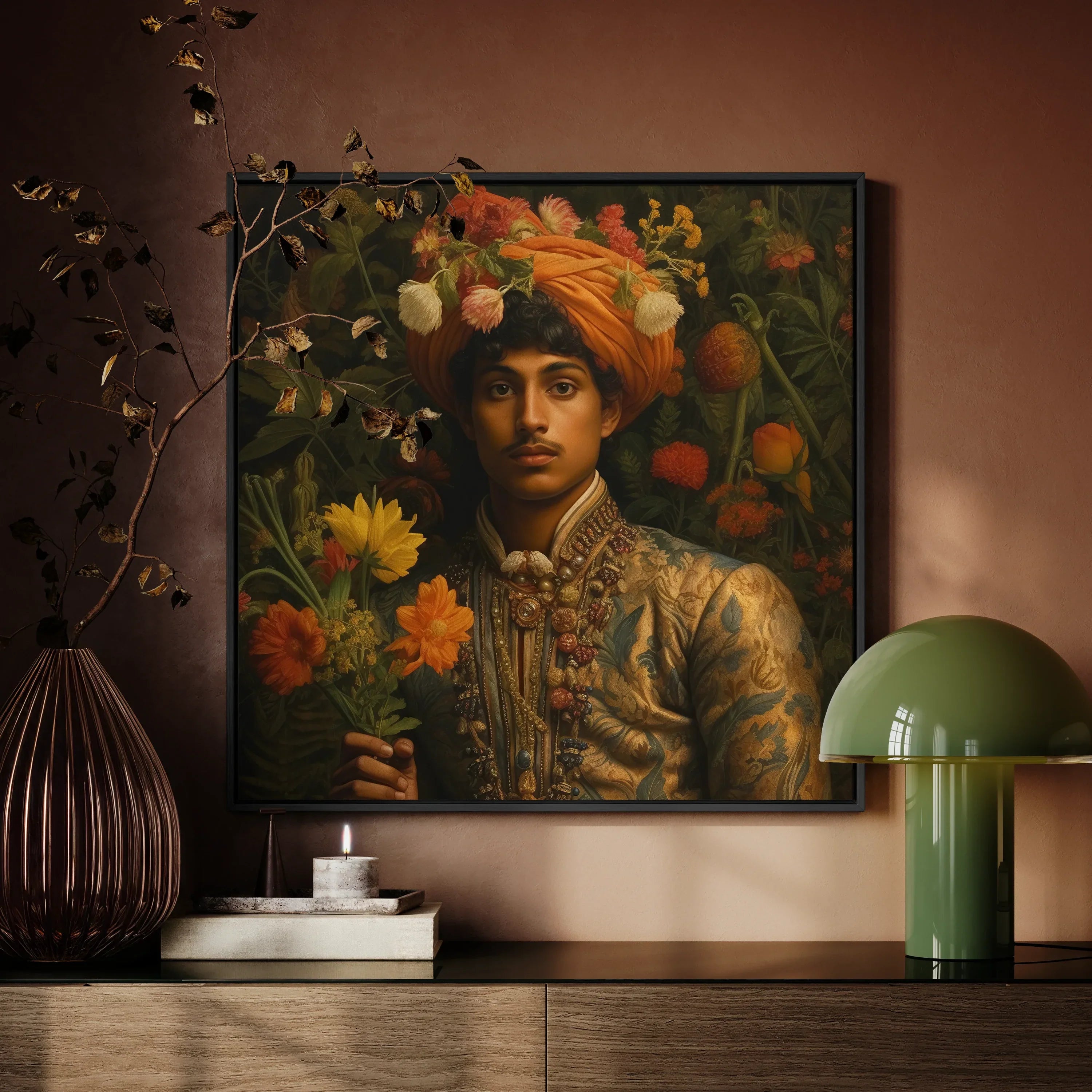 Prince Rajanikanta Gay Indian Royalty Framed Canvas, Ornate Portrait Painting Figure Colorful Attire Surrounded Flowers