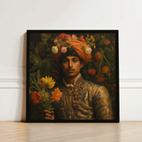 Framed Portrait Man Ornate Gold-embroidered Attire Orange Turban Prince Rajanikanta, Itty-bitty Pretty Committee, Tamil Royalty Queerart
