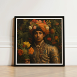 Framed Portrait Man Ornate Gold-embroidered Attire Orange Turban Prince Rajanikanta, Itty-bitty Pretty Committee, Tamil Royalty Queerart