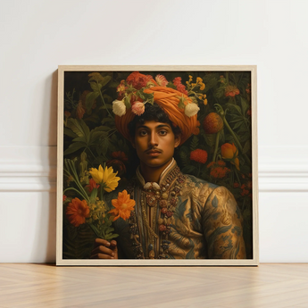Framed Portrait Man Ornate Gold-embroidered Attire Orange Turban Prince Rajanikanta, Itty-bitty Pretty Committee, Tamil Royalty Queerart