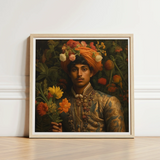 Framed Portrait Man Ornate Gold-embroidered Attire Orange Turban Prince Rajanikanta, Itty-bitty Pretty Committee, Tamil Royalty Queerart