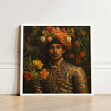 Framed Portrait Man Ornate Gold-embroidered Attire Orange Turban Prince Rajanikanta, Itty-bitty Pretty Committee, Tamil Royalty Queerart