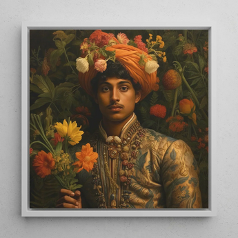 Prince Rajanikanta - Indian Gay Royalty Baroque Art Print / Canvas Framed Portrait Man Ornate Gold-embroidered Attire Orange Turban Prince