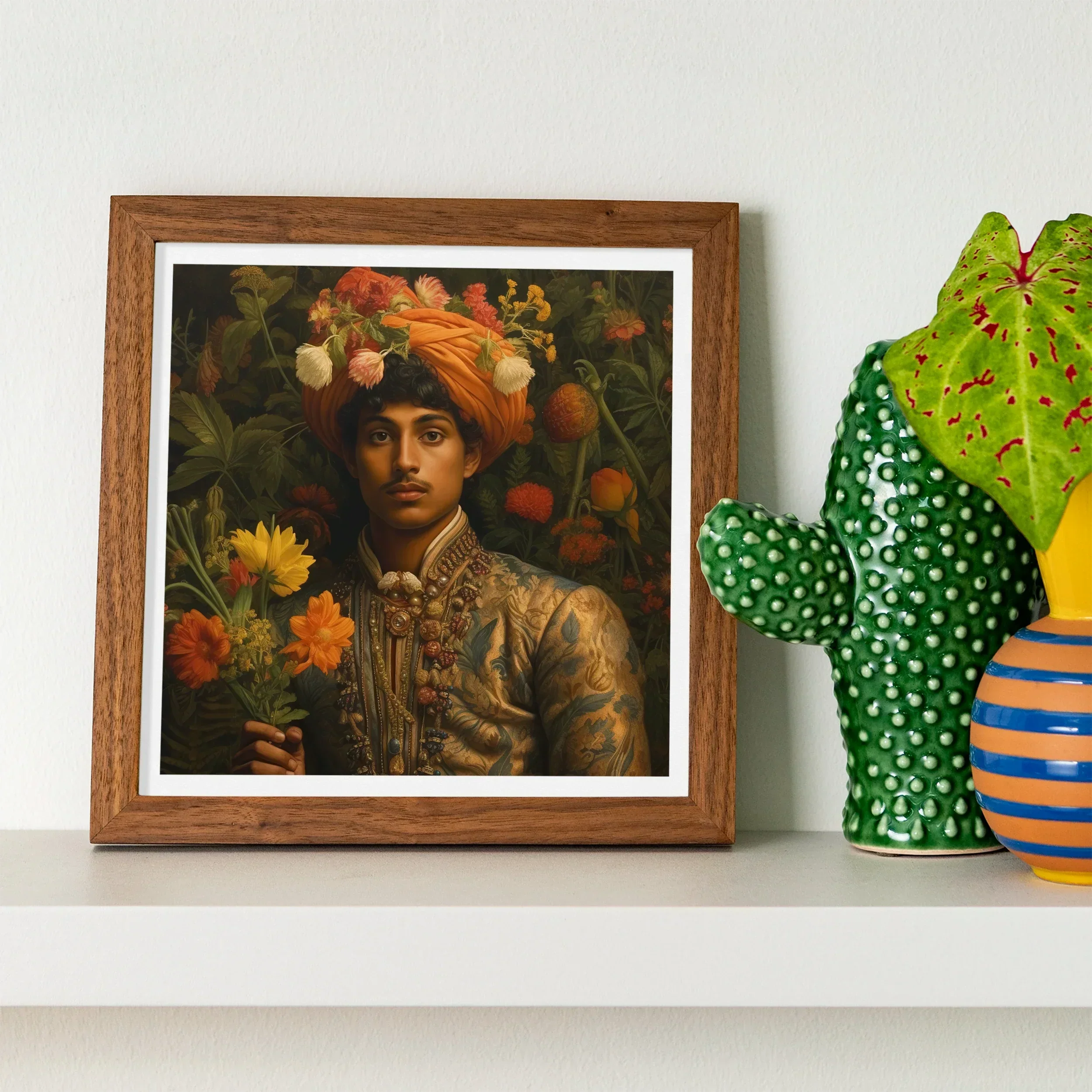 Prince Rajanikanta - Indian Gay Royalty Baroque Art Print, Framed Artwork Portrait Orange Floral Headdress Ornate Golden