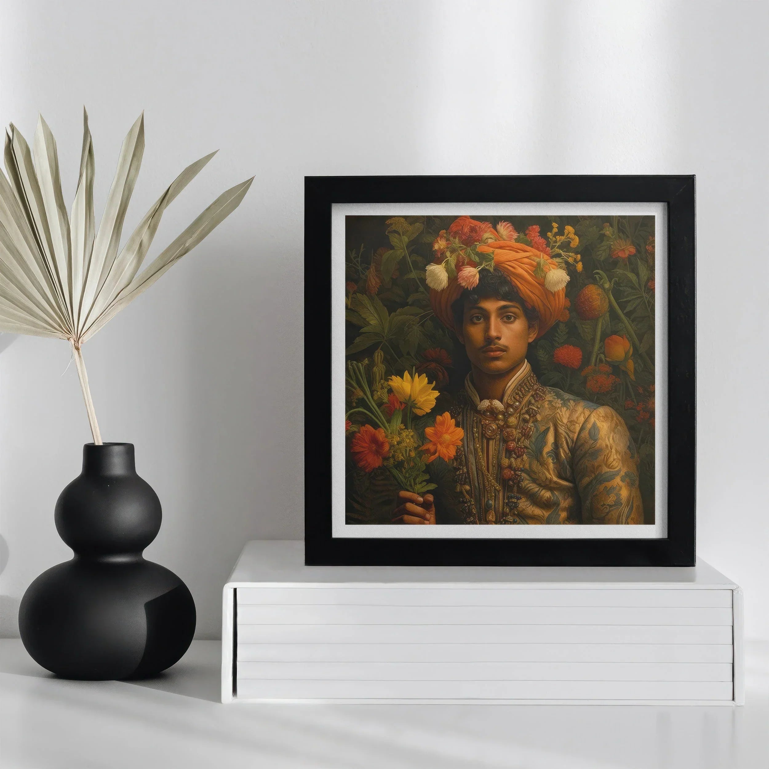 Prince Rajanikanta - Indian Gay Royalty Baroque Art Print, Framed Portrait Person Ornate Clothing Colorful Turban Flowers