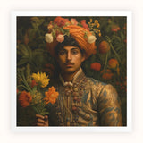 Prince Rajanikanta - Indian Gay Royalty Baroque Art Print, Portrait Painting Ornately Dressed Figure Floral Turban Flowers