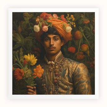 Prince Rajanikanta - Indian Gay Royalty Baroque Art Print, Portrait Painting Ornately Dressed Figure Floral Turban Flowers