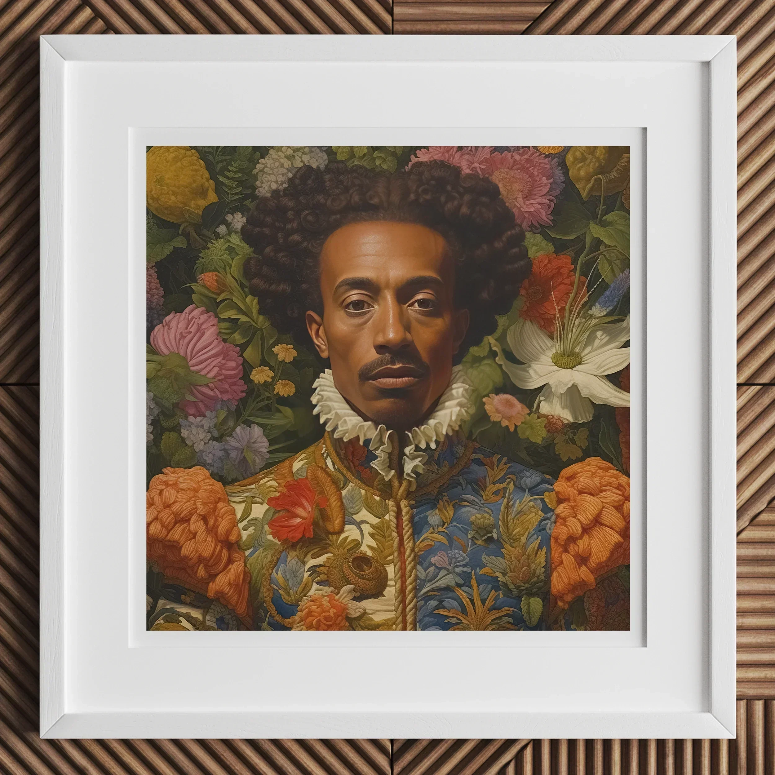 Prince Wesley - Afroamerican Gay Royalty Baroque Art Print, 12x12’’ / 31x31cm / White Frame / 2’’ Matboard, Framed Portrait Painting Ornate