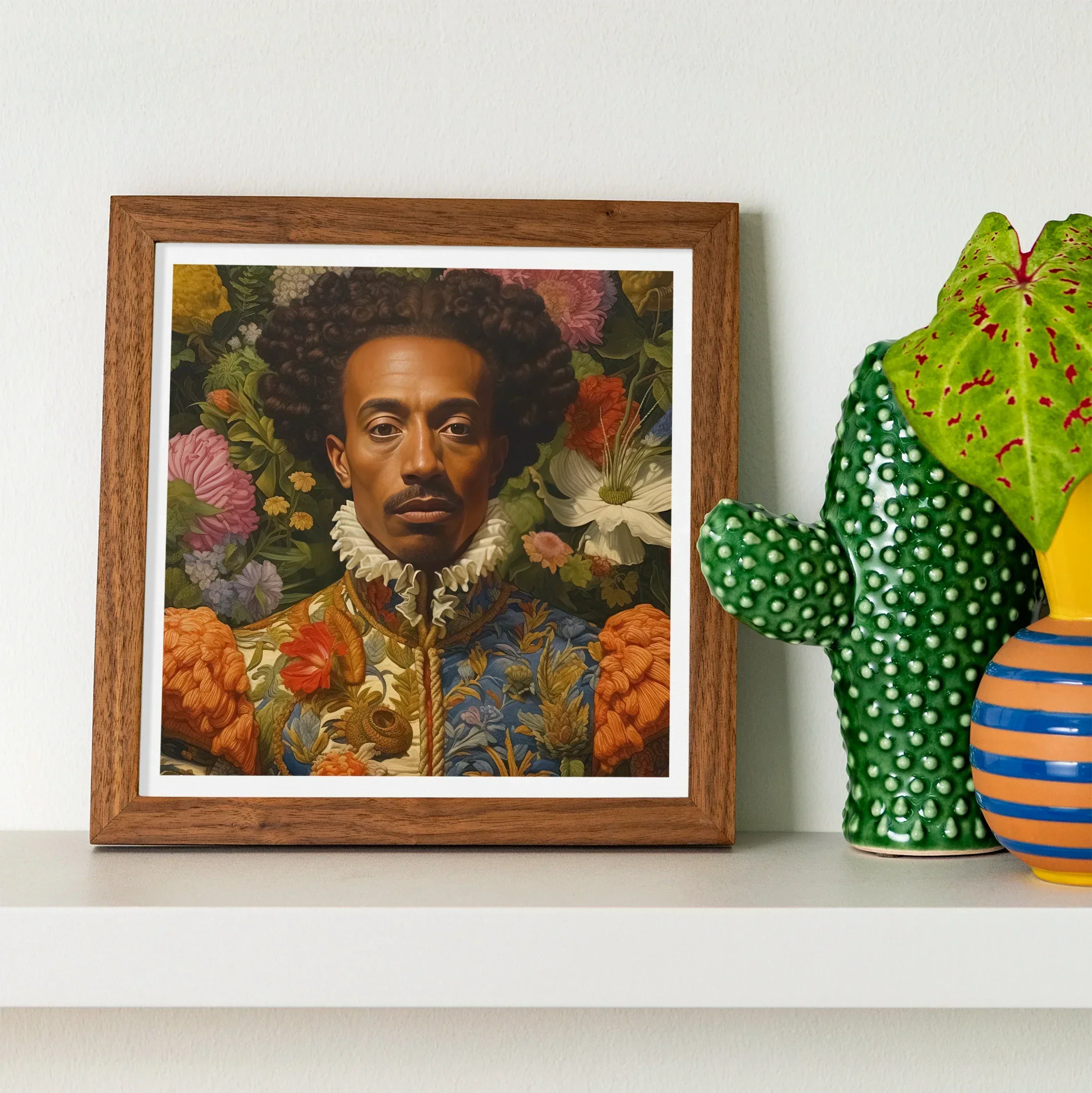 Prince Wesley Afroamerican Gay Royalty Baroque Art Print, Framed Portrait Artwork Vibrant Floral Patterns Ornate Decorative