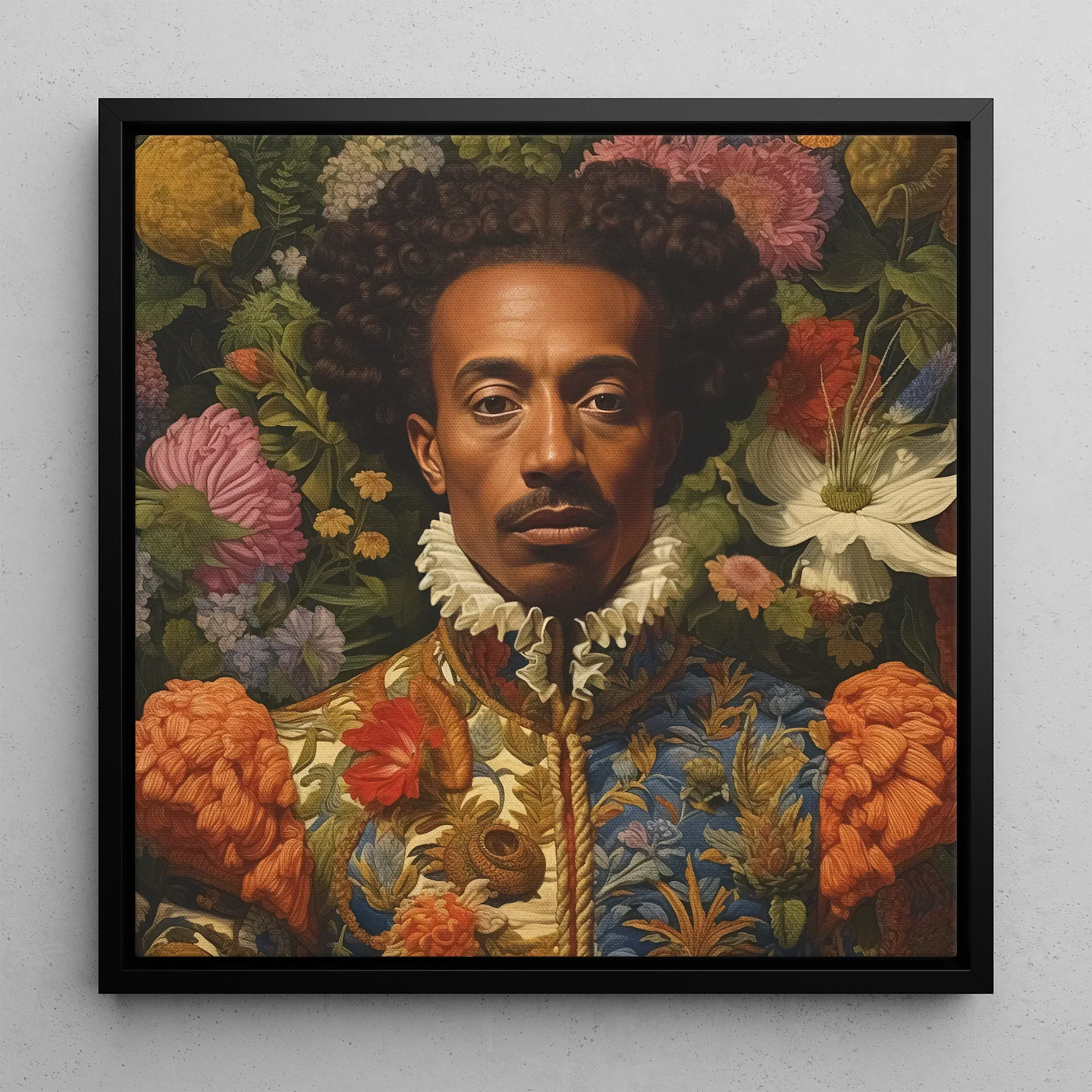 Prince Wesley - Gay Afroamerican Royalty Framed Canvas, 12x12’’ / 31x31cm / Black Floating Frame, Portrait Black Man Afro Hairstyle