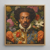 Prince Wesley - Gay Afroamerican Royalty Framed Canvas, 12x12’’ / 31x31cm / Natural Floating Frame, Framed Painting Man Dark Curly Hair