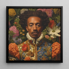 Prince Wesley - Gay Afroamerican Royalty Framed Canvas, Portrait Black Man Afro Hairstyle Surrounded Vibrant Flowers