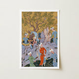 Princely Hawking Party - Mirza Ali Art Print / Canvas Framed Intricate Traditional Persian-style Illustration Figures Ornate Among Ochre