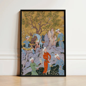 Princely Hawking Party - Mirza Ali Art Print / Canvas Framed Artwork Traditional Scene Figures Ornate Robes Turbans Among Ochre Boughs,