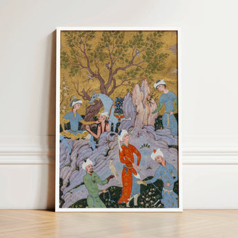 Princely Hawking Party - Mirza Ali Art Print / Canvas Framed Artwork Intricate Traditional-style Illustration Figures Ornate Robes Among