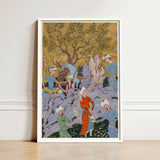 Princely Hawking Party - Mirza Ali Art Print / Canvas Framed Ornate Miniature Painting Figures Traditional Attire Golden Among Ochre