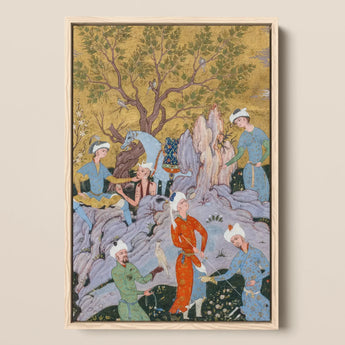 Princely Hawking Party - Mirza Ali Art Print / Canvas Framed Miniature Painting Group Men Traditional Attire Gathered Among Ochre Boughs,