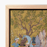 Princely Hawking Party - Mirza Ali Art Print / Canvas Framed Miniature Painting Tree Green Leaves Birds Set Among Ochre Boughs, Cinnabar