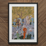 Princely Hawking Party - Mirza Ali Art Print / Canvas Framed Persian Miniature Painting Figures Landscape Among Ochre Boughs, Mirza Ali