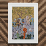 Princely Hawking Party - Mirza Ali Art Print / Canvas Framed Persian Miniature Painting Scene Among Ochre Boughs, Mirza Ali Art, Cinnabar