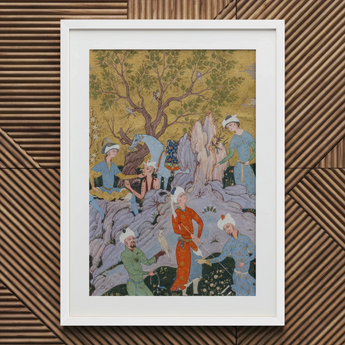 Princely Hawking Party - Mirza Ali Art Print / Canvas Framed Persian Miniature Painting Scene Among Ochre Boughs, Mirza Ali Art, Cinnabar