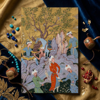 Princely Hawking Party - Mirza Ali Art Print / Canvas Rectangular Gold-leafed Miniature Painting Scene Figures Traditional Attire Among
