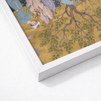 Princely Hawking Party - Mirza Ali Art Print / Canvas White Framed Artwork Detailed Golden-hued Illustration Figures Traditional Among
