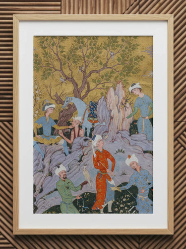 Princely Hawking Party - Mirza Ali Art Print, Framed Persian Miniature Painting