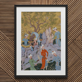 Princely Hawking Party - Mirza Ali Art Print, Framed Persian Miniature Painting Figures Landscape