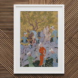 Princely Hawking Party - Mirza Ali Art Print, Framed Persian Miniature Painting Scene