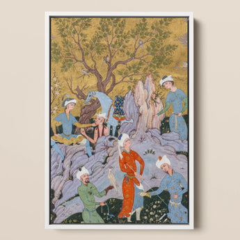 Princely Hawking Party - Mirza Ali Framed Canvas, Framed Persian Miniature Painting Party Figures Horse Falcon