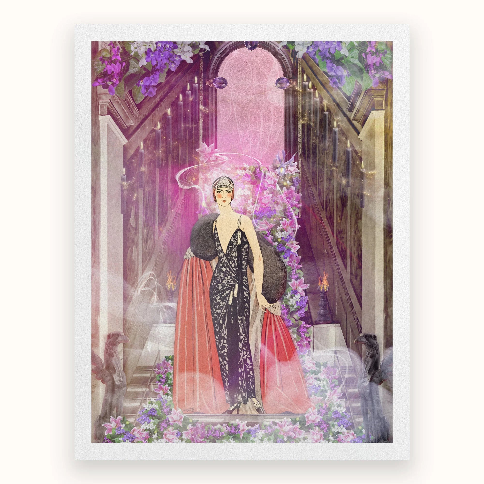 Princess Reah - Surreal Sorceress Myth Art Print, Elegant Woman 1920s-style Dress Amid Flowers Ornate Archway