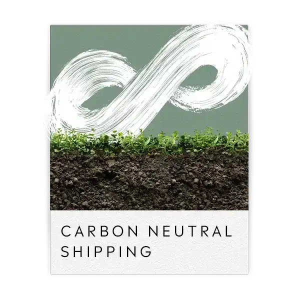 Promotional graphic for carbon neutral shipping featuring soil, plants and a white infinity symbol.