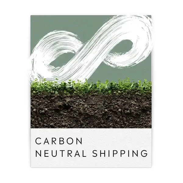 Promotional graphic for carbon neutral shipping showing soil, plants and a white infinity symbol.