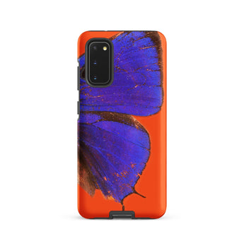 Purple Lycaenidae - Christopher Johnson Samsung Case, Galaxy S20 / Matte, Phone Case Vibrant Blue Butterfly Design Red-orange Background
